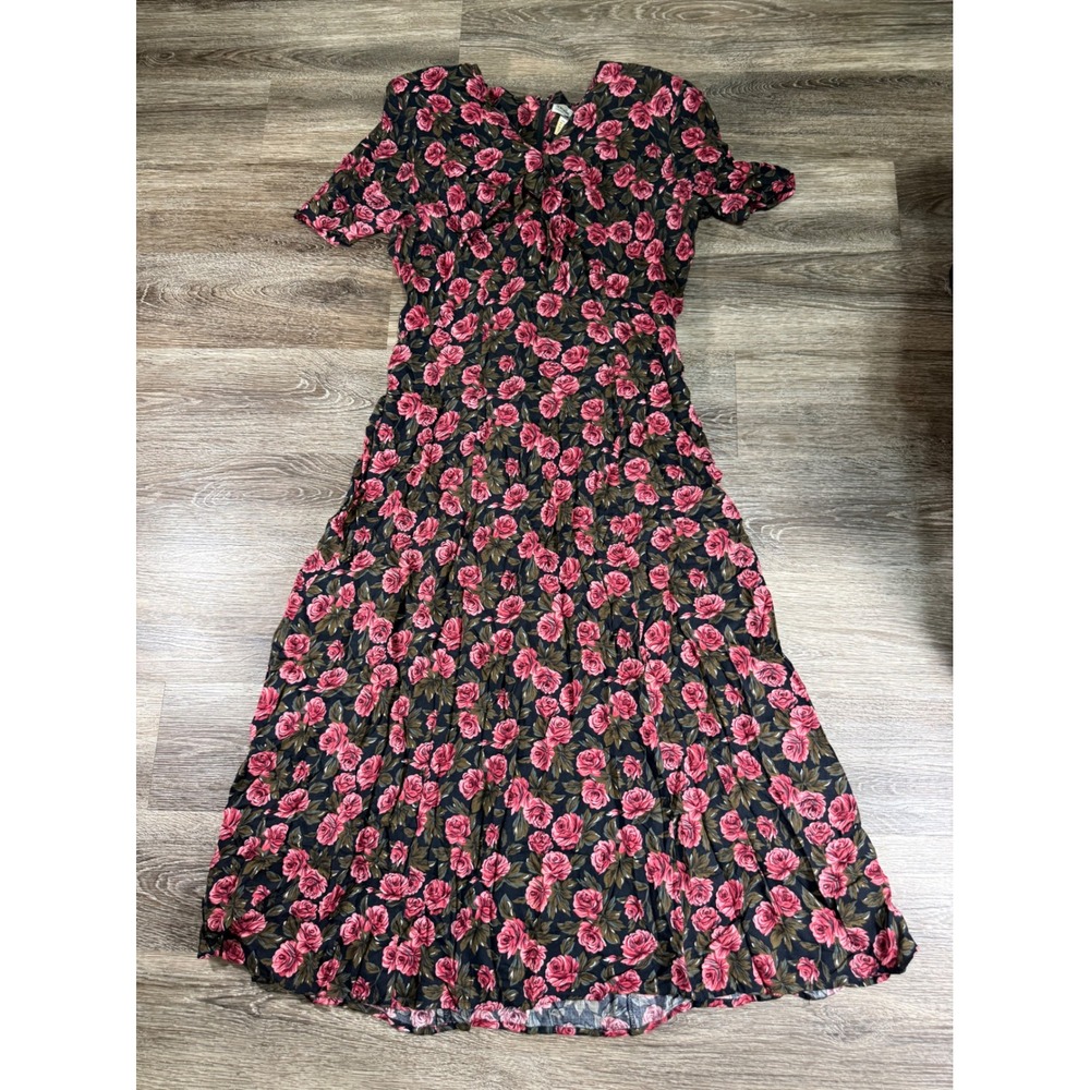 Sunshine‎ Starshine Vintage Rose Floral Maxi Dress Size 12 Pink Black Rayon 90s